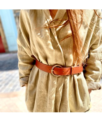 Ceinture en Cuir Camel Boucle Ronde Dorée de la marque