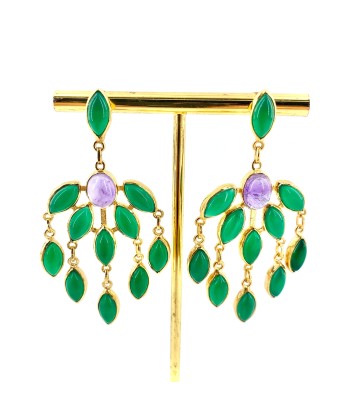 Longues Boucles d'Oreilles en Onyx Vert et Améthystes prix