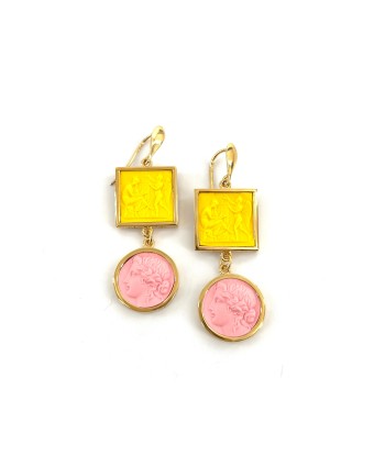 Boucles d'Oreilles en Plaqué Or et Résine Jaune et Rose Les magasins à Paris et en Île-de-France