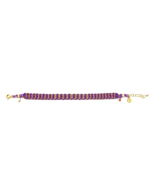 Bracelet Tissé en Fil de Satin Violet et Chaine en Plaqué Or pas cher