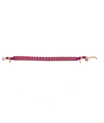 Bracelet Tissé en Fil de Satin Fuschia et Chaine en Plaqué Or de pas cher