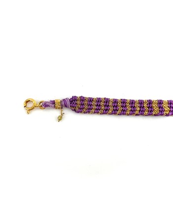 Bracelet Tissé en Fil de Satin Violet et Chaine en Plaqué Or pas cher