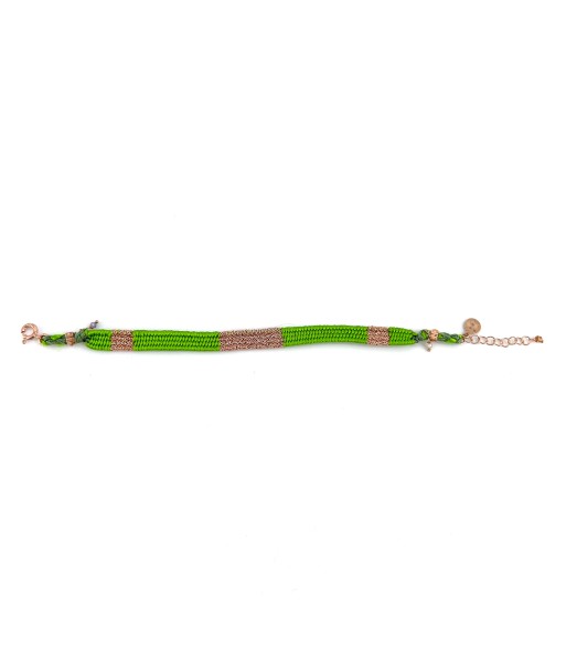 Bracelet Gourmette Tissé en Fil de Satin Vert et Chaine en Plaqué Or basket pas cher