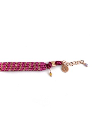 Bracelet Tissé en Fil de Satin Fuschia et Chaine en Plaqué Or de pas cher