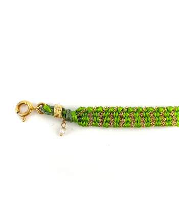 Bracelet Tissé en Fil de Satin Vert et Chaine en Plaqué Or pas cheres