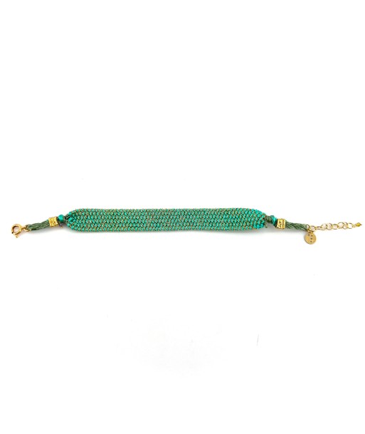 Bracelet Manchette Tissée en Fil de Satin Turquoise et Chaine en Plaqué Or prix