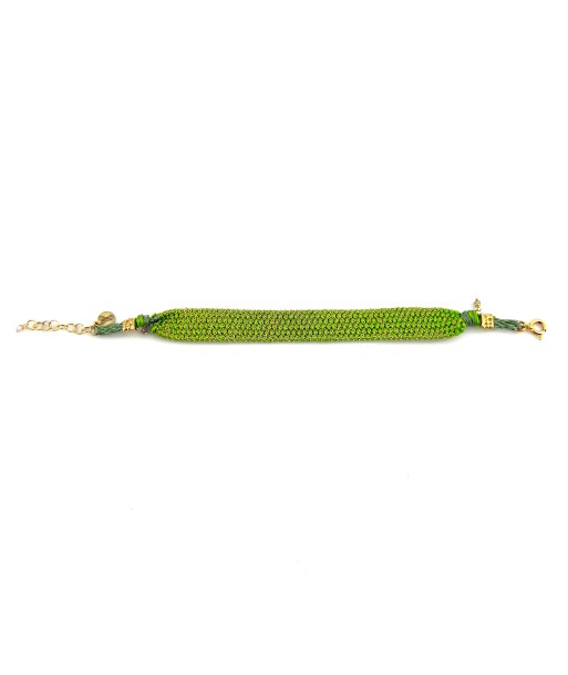 Bracelet Manchette Tissé en Fil de Satin Vert et Chaine en Plaqué Or la chaussure