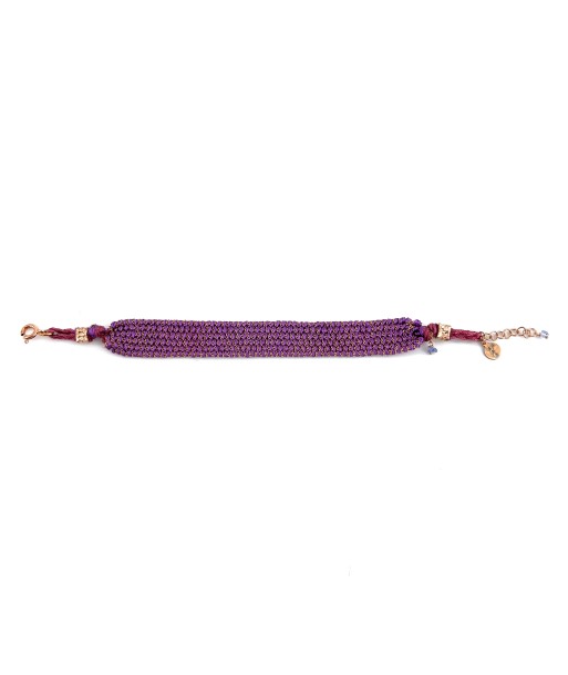 Bracelet Manchette Tissé en Fil de Satin Violet et Chaine en Plaqué Or plus qu'un jeu 