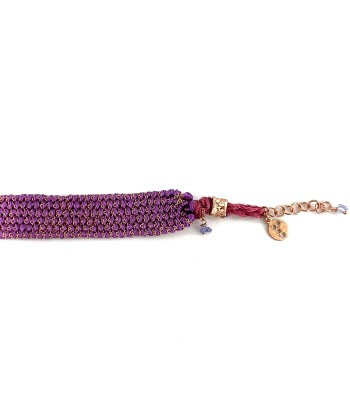 Bracelet Manchette Tissé en Fil de Satin Violet et Chaine en Plaqué Or plus qu'un jeu 