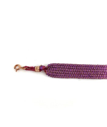 Bracelet Manchette Tissé en Fil de Satin Violet et Chaine en Plaqué Or plus qu'un jeu 