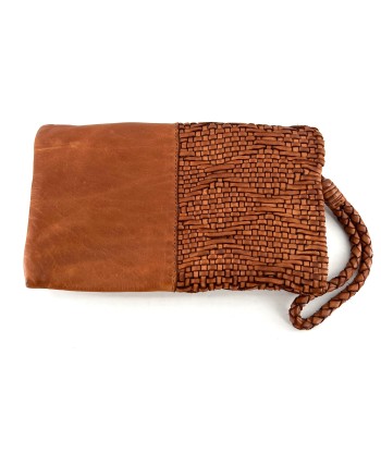 Pochette / Portefeuille en Cuir Tressé Camel Pour