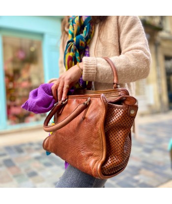 Sac ALGHERO en Cuir et Cuir Perforé Caramel soldes