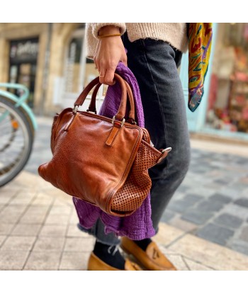 Sac ALGHERO en Cuir et Cuir Perforé Caramel soldes