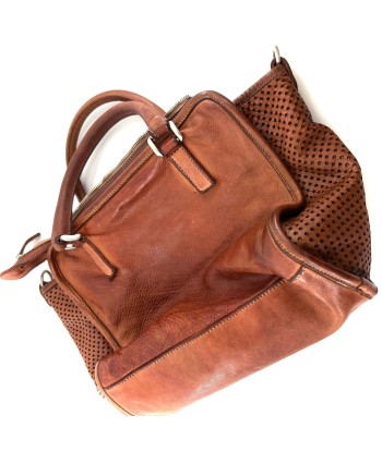 Sac ALGHERO en Cuir et Cuir Perforé Caramel soldes