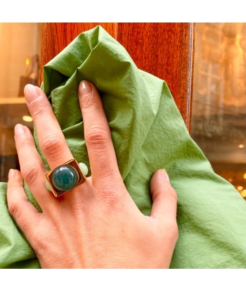 Large Bague en Plaqué Or et Pâte de Verre Verte pas cheres