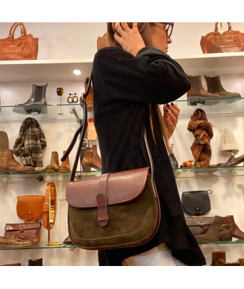 Sac Bandoulière Bi-Matière en Cuir Marron et Daim Kaki plus qu'un jeu 