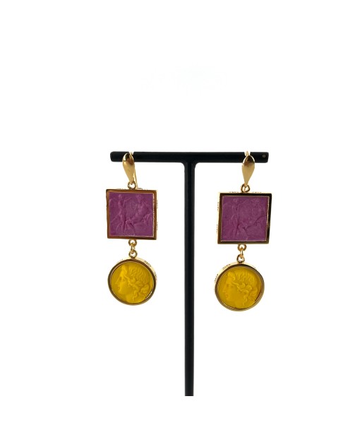 Boucles d'Oreilles en Plaqué Or et Résine Violet et Jaune en stock