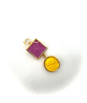 Boucles d'Oreilles en Plaqué Or et Résine Violet et Jaune en stock