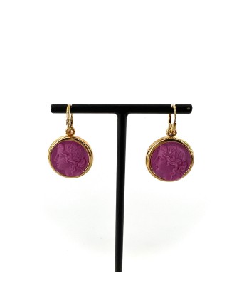 Boucles d'Oreilles Réversibles en Plaqué Or et Résine Jaune / Violet Motif Statue Grecque 2023