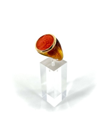 Bague Ronde en Plexiglas Tortoise et Résine Orange Motif Statue Grecque Véritable concentré