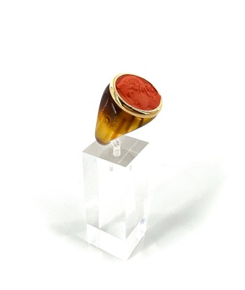 Bague Ronde en Plexiglas Tortoise et Résine Orange Motif Statue Grecque Véritable concentré