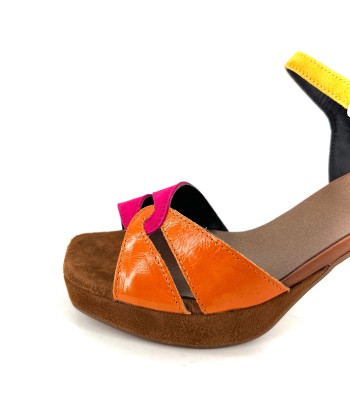 Sandale à Talon et Plateau en Daim et Cuir Vernis Marron Jaune Orange et Rose le concept de la Pate a emporter 