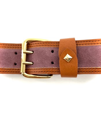 Ceinture LA GUIARD en Velours Vieux Rose Gansée Cuir Camel basket pas cher