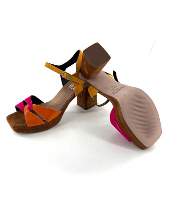 Sandale à Talon et Plateau en Daim et Cuir Vernis Marron Jaune Orange et Rose le concept de la Pate a emporter 