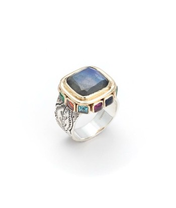 Bague en Argent et Labradorite Sertie d'Oxydes Multicolores la colonne vertébrale