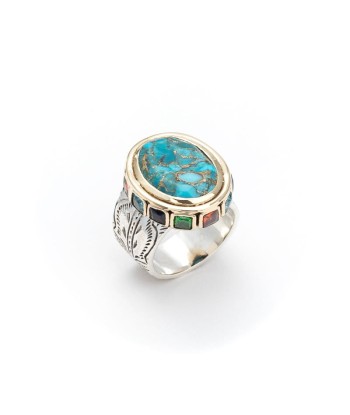 Bague Ovale en Argent et Turquoise Sertie d'Oxydes Multicolores Amélioration de cerveau avec