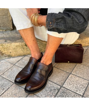 Mocassin Semi-Montant Zippé Arrière en Cuir Marron Foncé Veiné soldes