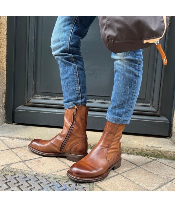 Boots Tige Haute Zippé Intérieur en Cuir et Cuir Stretch Cognac Découvrez la collection