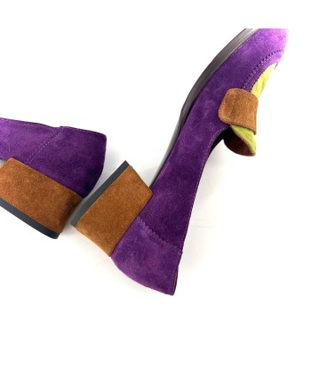 Mocassin Petit Talon Trotteur en Daim Violet Vert et Camel Jusqu'à 80% De Réduction