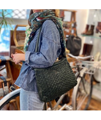 Sac Bandoulière en Cuir Tressé Vert Véritable concentré